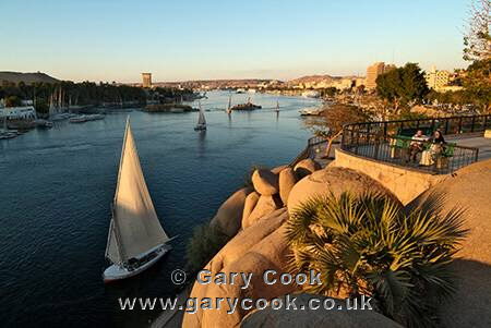 Aswan and the river Nile at sunset, from the Ferial Gardens, Egypt
