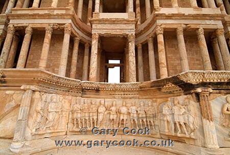 Bas relief carving below the stage, Theatre, Sabratha Roman Ruins, Libya
