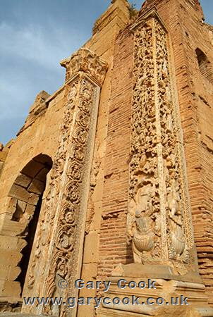 Ornate carved column in the Severan Basilica, Leptis Magna Roman Ruins, Libya