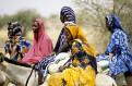 Brightly dressed women on donkeys in the Sahel, Mauritania