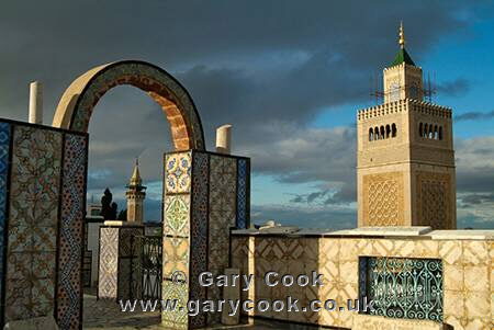 The Great (Zitouna) Mosque from rooftop terrace of the old Kings House in the Medina, Tunis, Tunisia