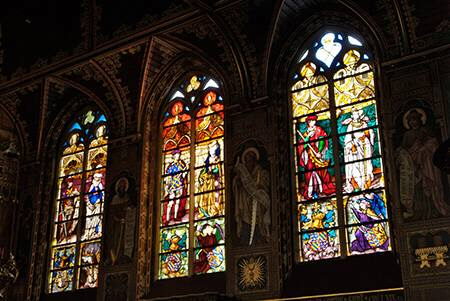 Stained glass windows, Upper church of the Basilica of the Holy Blood, Heilig Bloedbasiliek, Basiliek, Burg square, Bruges, Brugge, Belgium