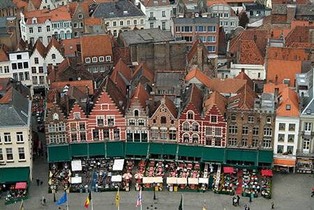 View of street cafes in Markt square from the Belfort, Bruges, Brugge, Belgium