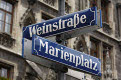 Street signs for Marienplatz and Weinstrasse, Munich, Bavaria, Germany