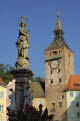 Schmalzturm (Lard Tower), Marienbrunnen (Mary fountain) and town houses in Hauptplatz, Landsberg am Lech, Bavaria, Germany