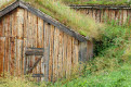 Traditional turf roofed wooden buildings, Kvaloya island, west of Tromso, Norway