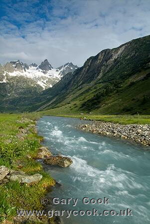 Alpine landscape and mountain stream, Susten Pass, Switzerland