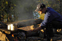 Cooking on the campfire, campsite at Cherokee Lake, Boundary Waters Canoe Area Wilderness, Superior National Forest, Minnesota, USA