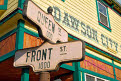 Dawson City General Store, Front Street, Queen Street, road sign, Yukon, Canada