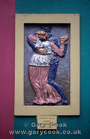 Street art, wall plaque commemorating the Tango dance, La Boca, Buenos Aires, Argentina
