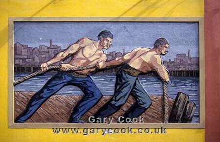 Street art, wall plaque commemorating the dock workers, La Boca, Buenos Aires, Argentina