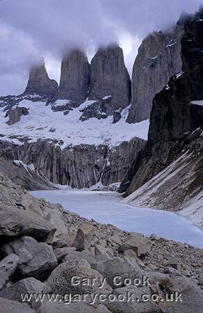 Low cloud covers the Torres del Paine, Torres del Paine National Park, Patagonia, Chile