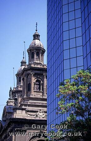 A mix of Old and New, Cathedral and modern skyscraper, Santiago, Chile