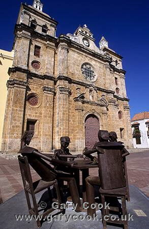 Modern sculpture and the Church of San Pedro Claver, Cartagena, Colombia