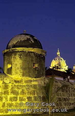 Cartagena cathedral and city walls at night, Cartagena, Colombia