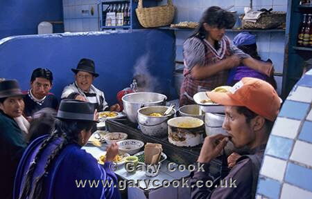 Locals enjoying lunch, Plaza Civica market, Cuenca, Ecuador