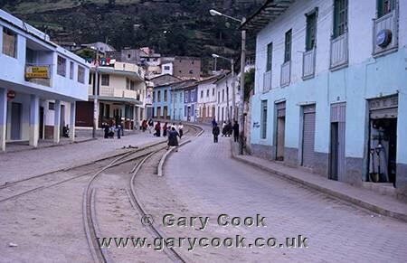 Railway runs through the centre of Alausi, Ecuador