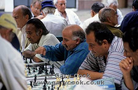Concentration, men playing chess in a street caf, Caracas, Venezuela
